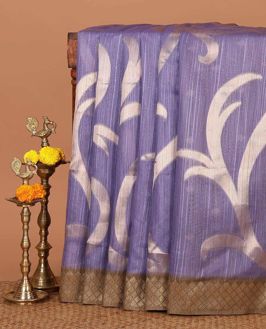 Violet zari jaal-patterned Burberry silk saree, contrast diamond-patterned zari border, jaal pallu & zari design blouse