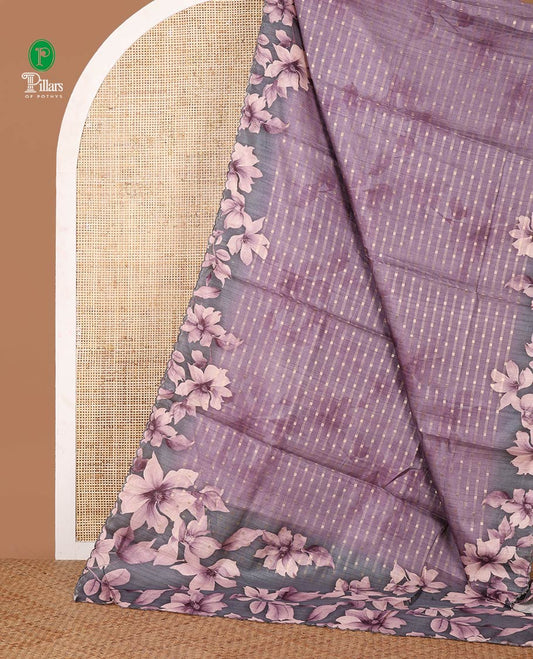Onion pink zari dobby-style buttas semi-tusser saree, floral printed scallop border & pallu, blouse of zari & floral print
