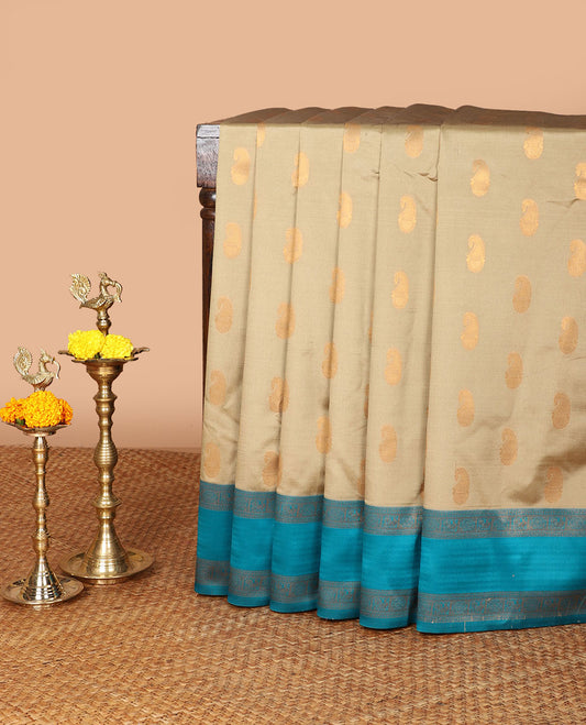 Tan color with rama green mango butta zari design litchi soft silk saree with contrast bentex traditional border & rich weaving pallu along with brocade blouse