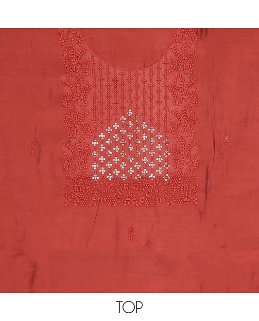 Chilli red material chudidar set, self-color thread and sequins embroidered top, plain bottom and sequins work dupatta