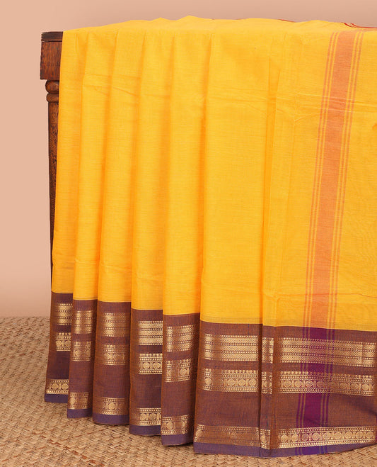 Yellow chettinad cotton saree with ganga jamuna zari design border & striped pallu