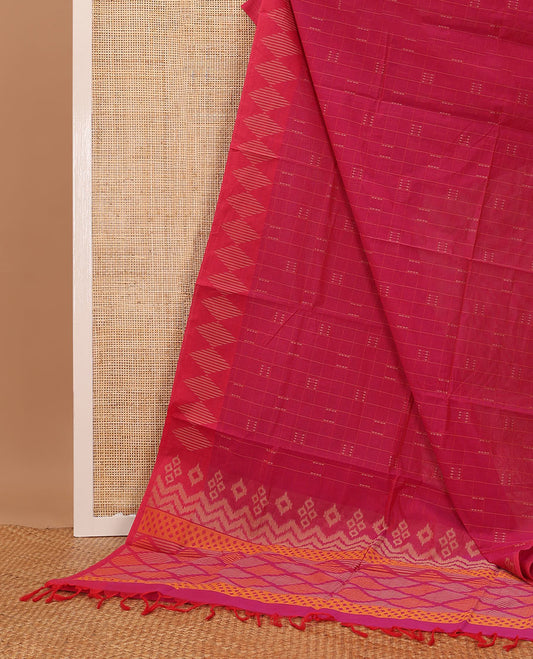 Pink uniquely checked Coimbatore cotton saree, contrast diamond patterned border & geometric pallu