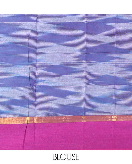 Blue geometric patterned chirala cotton saree, contrast zari striped border & striped pallu