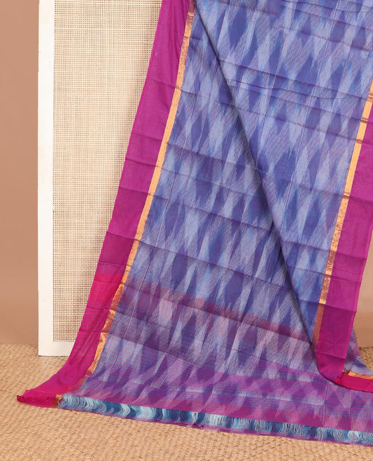 Blue geometric patterned chirala cotton saree, contrast zari striped border & striped pallu