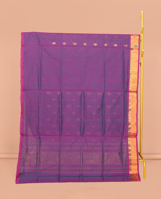 Violet Venkatagiri Cotton Saree Embellished with Buttas, a Contrast Zari-Thread Border, Pallu of Stripes, and No Blouse