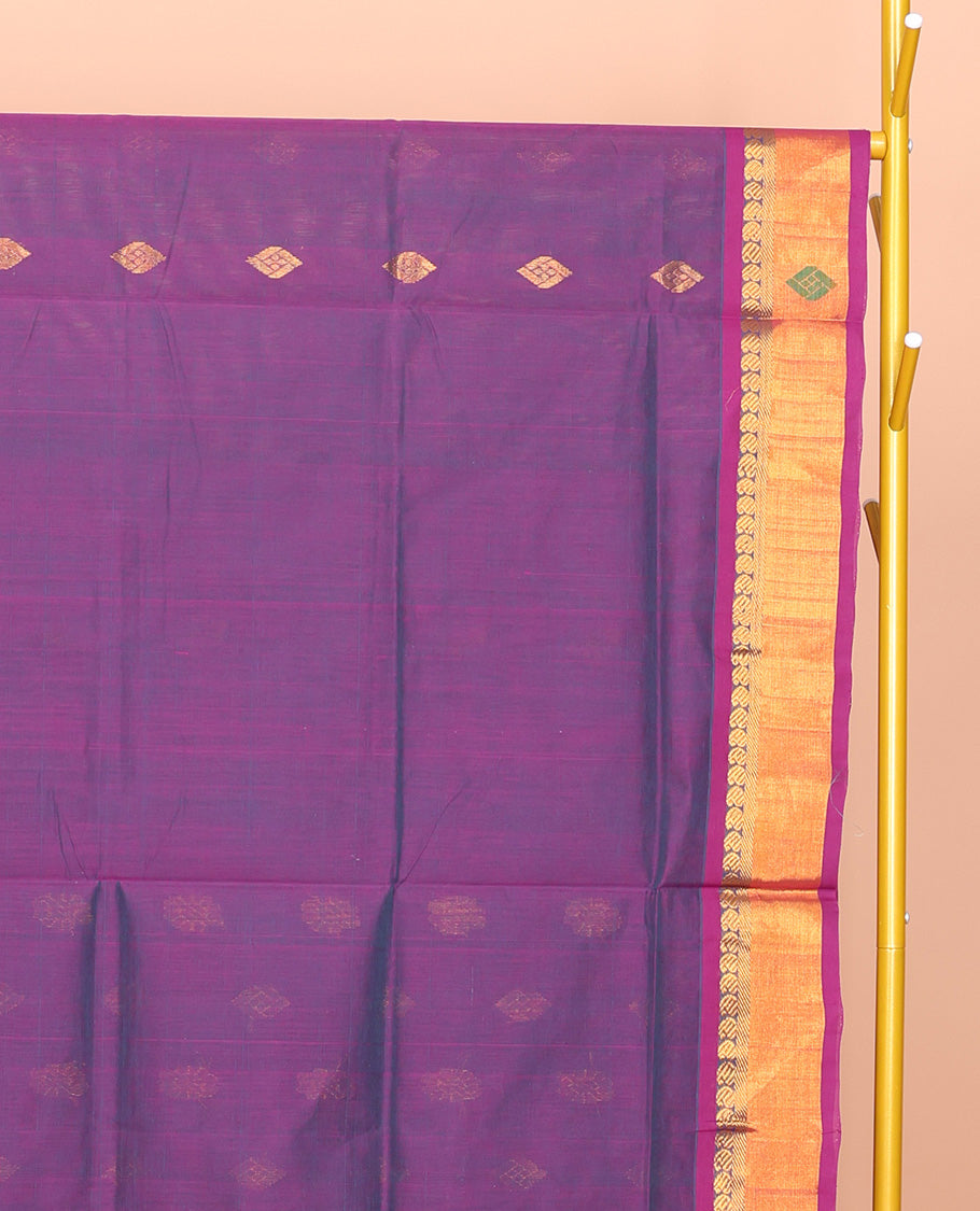 Violet Venkatagiri Cotton Saree Embellished with Buttas, a Contrast Zari-Thread Border, Pallu of Stripes, and No Blouse