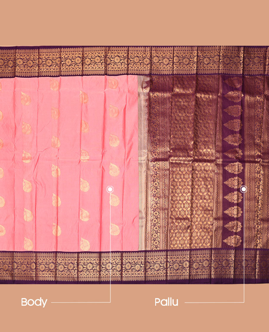 Pink Budget Silk Saree, Bedecked with Zari Buttas, Complemented by Contrast Traditional Zari Border, a Grand Pallu  and a Contrast Blouse