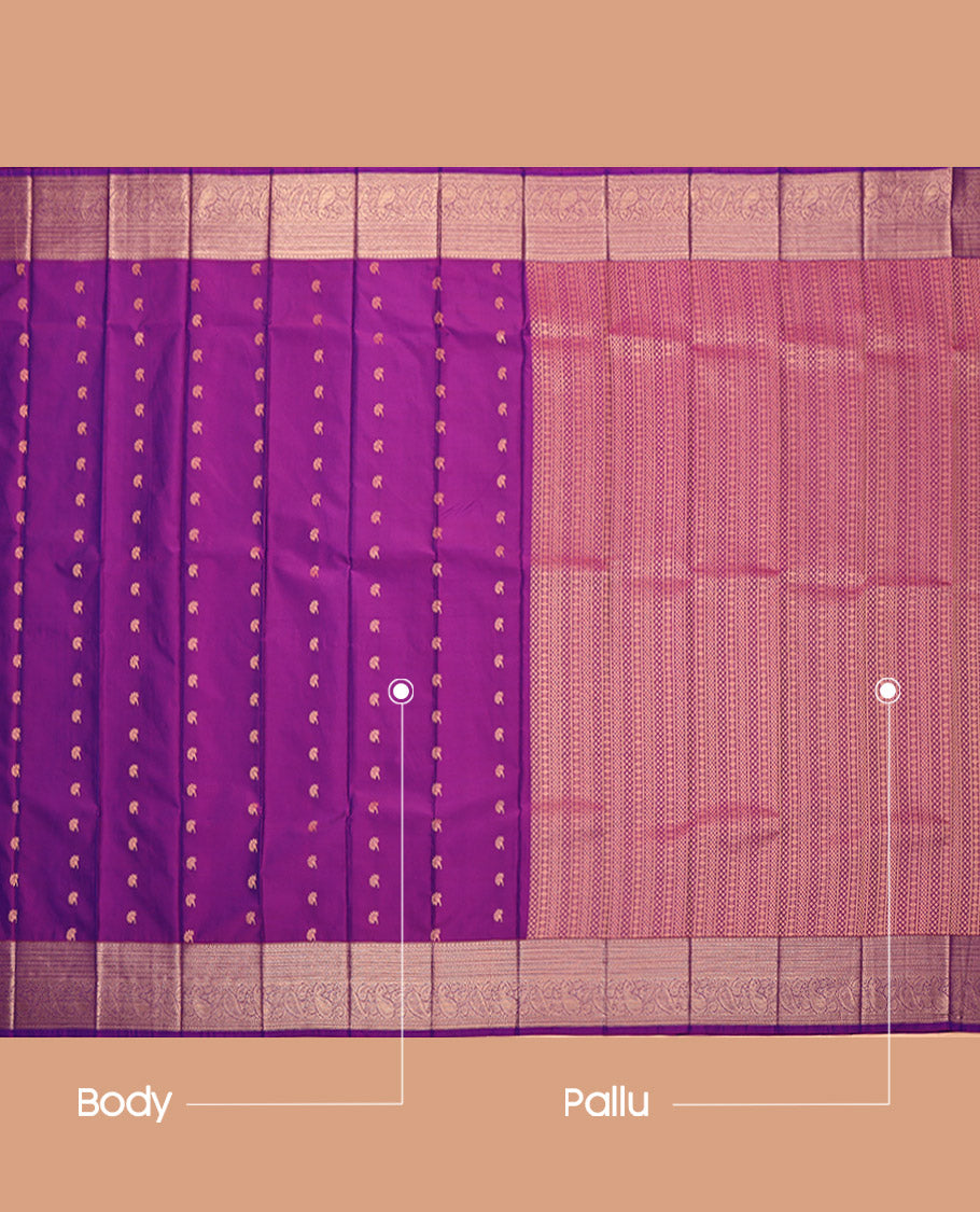 Purple Budget Silk Saree, Bedecked with Zari Buttas, Highlighted by a Traditional Zari Border, Intricate Pallu, and a Matching Blouse