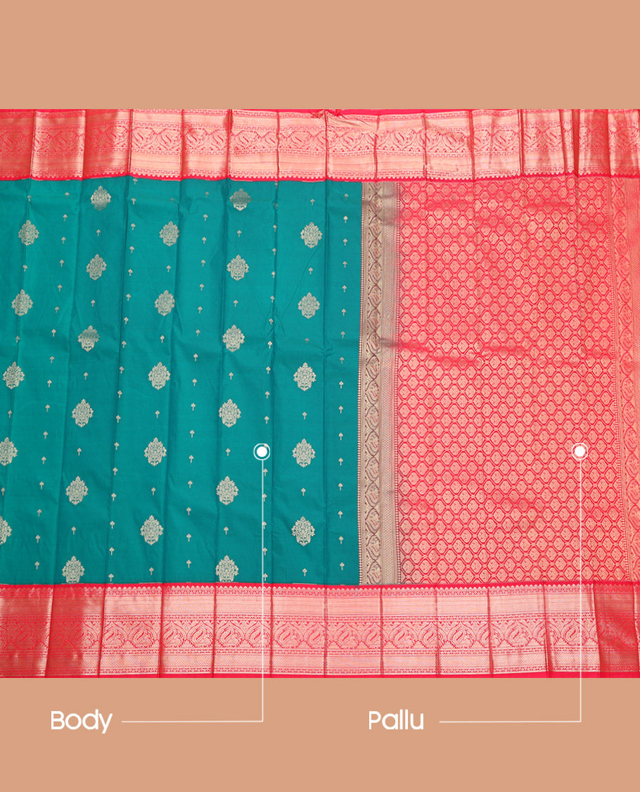 Green Budget Silk Saree, Adorned with Zari Buttas, Complemented by a Contrast Traditional Zari Border, Grand Pallu, and a Contrast Blouse