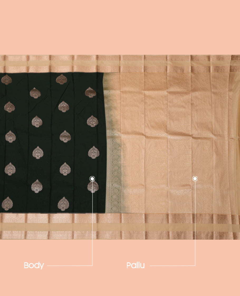 Green Budget Silk Saree, Ornamented with Zari Buttas, Complemented by a Contrast Traditional Zari Rettai Pettu Border, Grand Pallu, and a Contrast Blouse