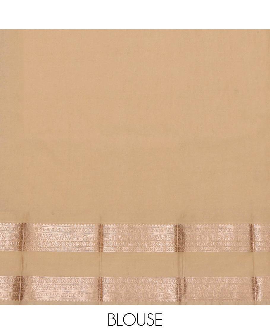 Green Budget Silk Saree, Ornamented with Zari Buttas, Complemented by a Contrast Traditional Zari Rettai Pettu Border, Grand Pallu, and a Contrast Blouse