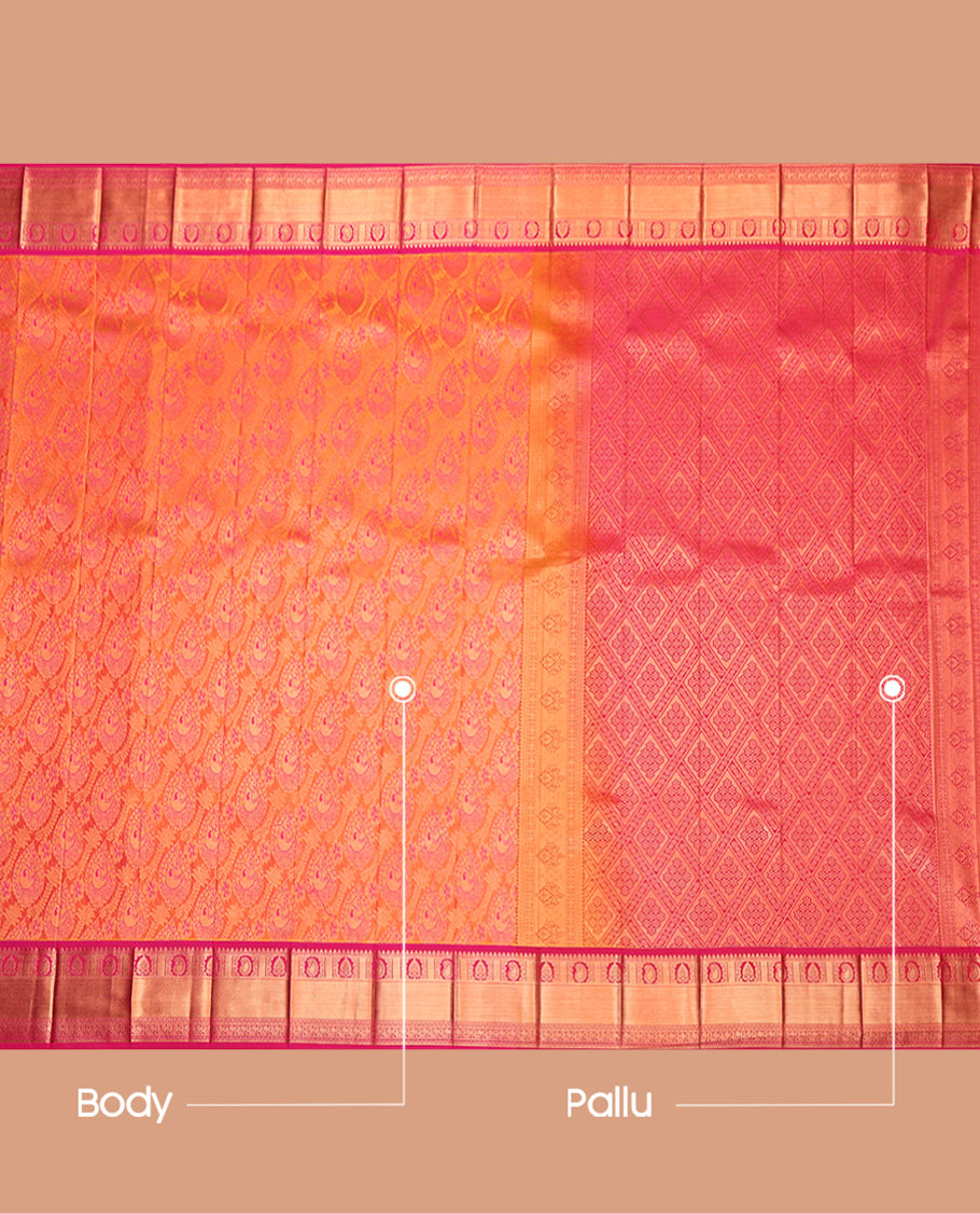 Orange Budget Silk Saree, Detailed with Jacquard Design, Complemented by a Contrast Traditional Zari Border, Jaal Pallu, and Contrast Blouse