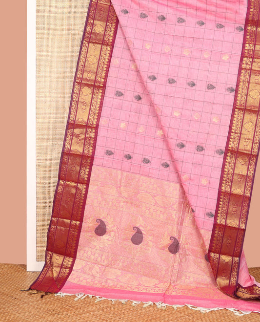Pink Chettinad Cotton Saree Enthralled with Butta Enclosed Checks, Complemented by Contrast Traditional Zari Design Border, Zari-Rich Pallu of Floral-Paisley Designs, and Paired with a Matching Blouse