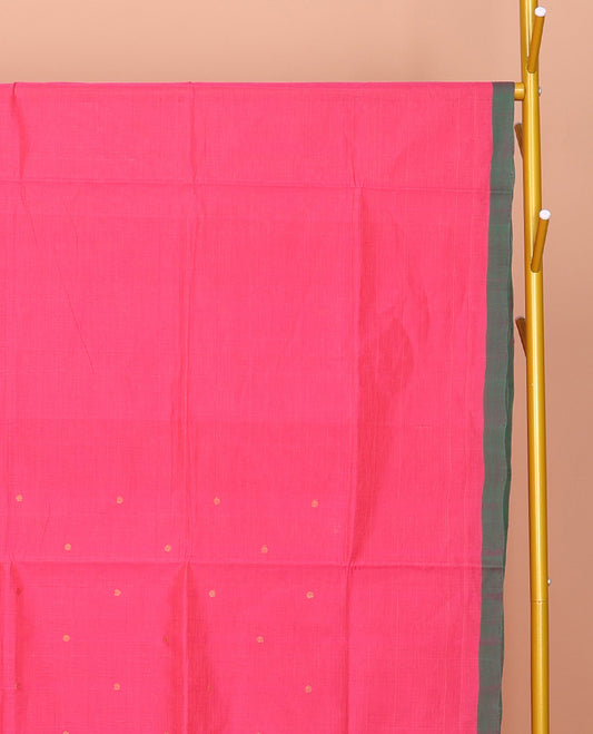 Pink Venkatagiri Cotton Saree Steeped with Buttas, a Contrast Zari-Thread Border, Pallu of Stripes, and No Blouse