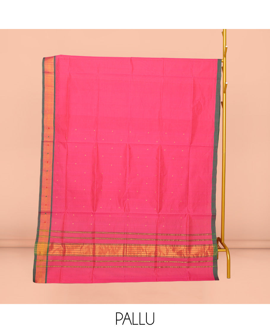 Pink Venkatagiri Cotton Saree Steeped with Buttas, a Contrast Zari-Thread Border, Pallu of Stripes, and No Blouse