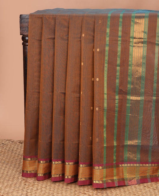 Brown zari buttas Venkatagiri cotton saree, contrast traditional zari border, and striped pallu
