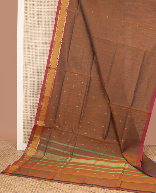 Brown zari buttas Venkatagiri cotton saree, contrast traditional zari border, and striped pallu