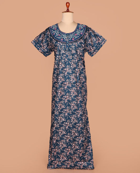 Blue floral printed round necked floral embroidered half-sleeve cotton nighty