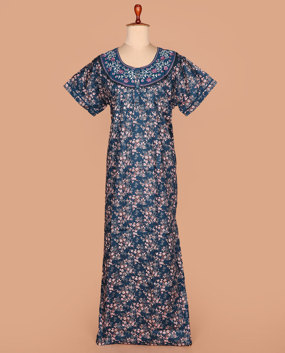 Blue floral printed round necked floral embroidered half-sleeve cotton nighty