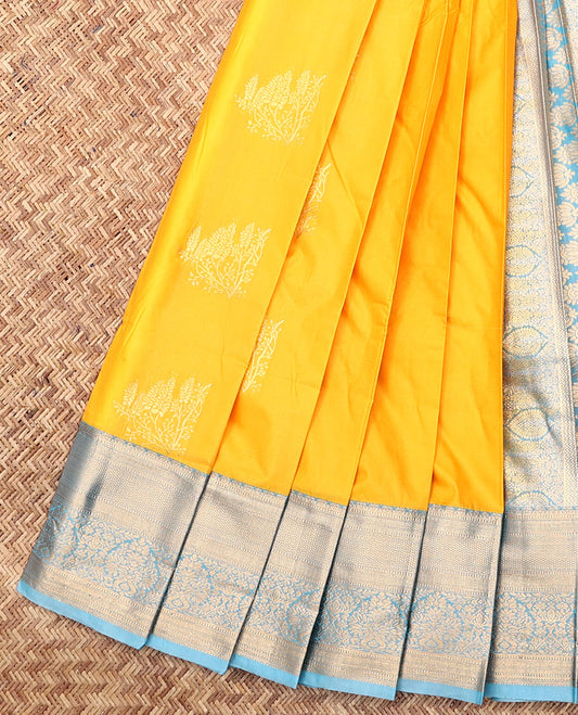 Yellow Budget Silk Saree, Spotlighted with Zari Buttas, Complemented by Contrast Traditional Zari Border, a Grand Pallu and a Contrast Blouse