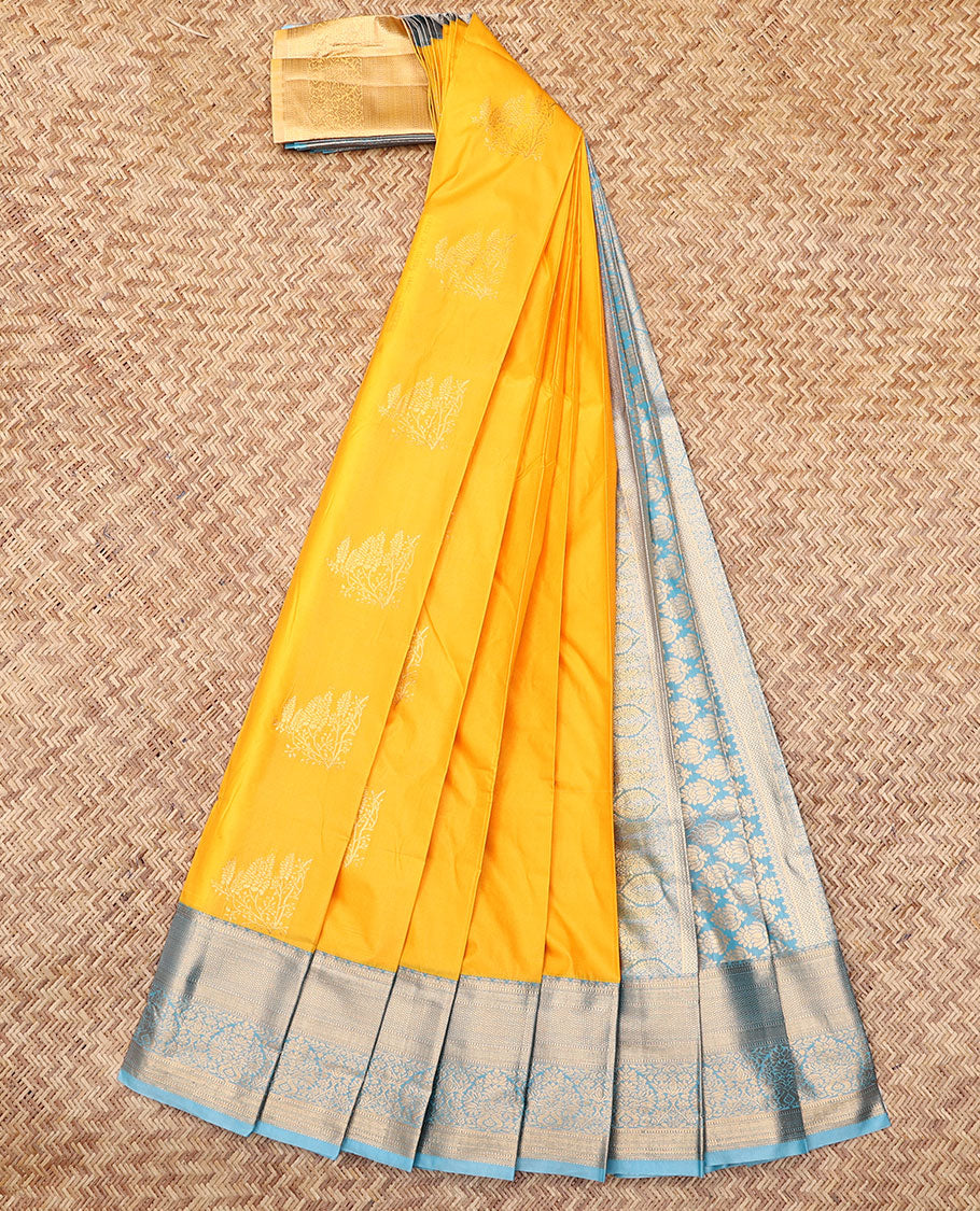 Yellow Budget Silk Saree, Spotlighted with Zari Buttas, Complemented by Contrast Traditional Zari Border, a Grand Pallu and a Contrast Blouse