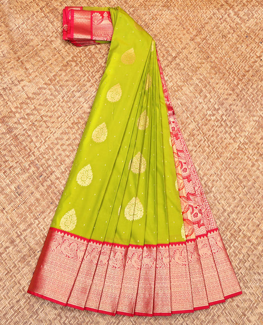 Green Budget Silk Saree, Subtly Adorned with Zari Buttas on Its Body, Complemented by a Contrast Traditional Zari Design Border, Pallu of Paisleys, and Paired with a Contrast Blouse