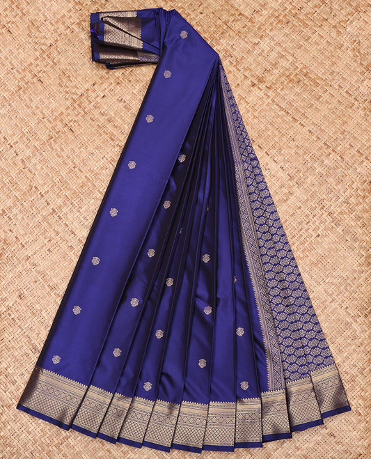 Navy Blue Budget Silk Saree, Delicately Woven with Zari Buttas, Highlighted by a Traditional Zari Border, Intricate Pallu, and a Matching Blouse