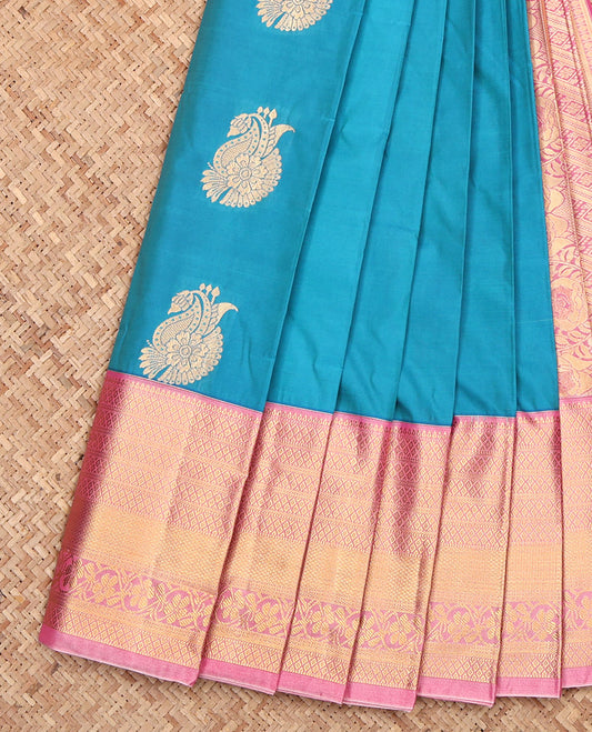 Blue Budget Silk Saree, Woven with Zari Buttas, Complemented by a Contrast Traditional Border, Grand Pallu, and a Contrast Blouse