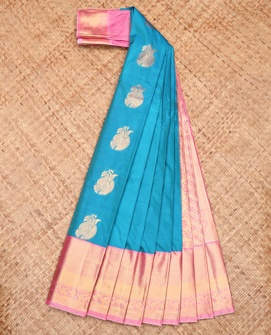 Blue Budget Silk Saree, Woven with Zari Buttas, Complemented by a Contrast Traditional Border, Grand Pallu, and a Contrast Blouse