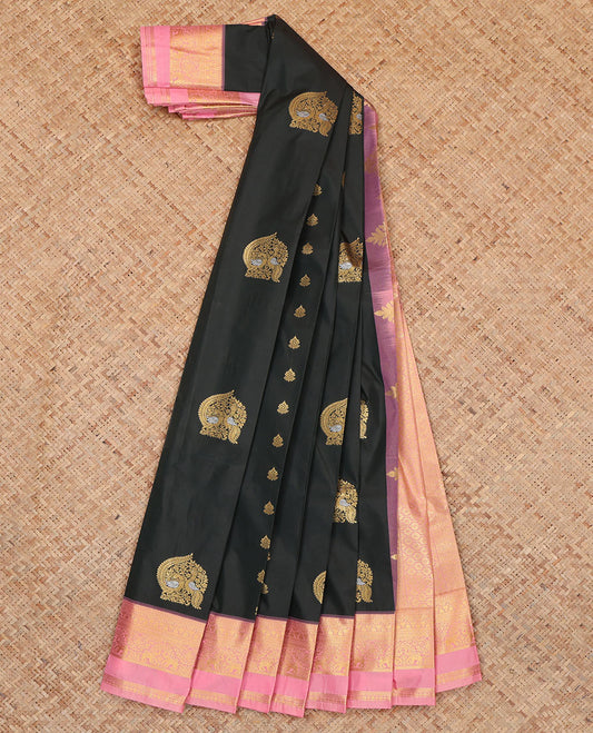 Black Budget Silk Saree, Bedecked with Zari Buttas, Complemented by Contrast Traditional Rettai Pettu Border, a Jaal Pallu and a Contrast Blouse