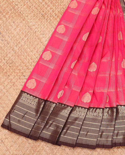 Pink Budget Silk Saree, Detailed with Zari Butta Enclosed Checks, Complemented by a Contrast Traditional Zari Border, Grand Pallu, and a Contrast Blouse