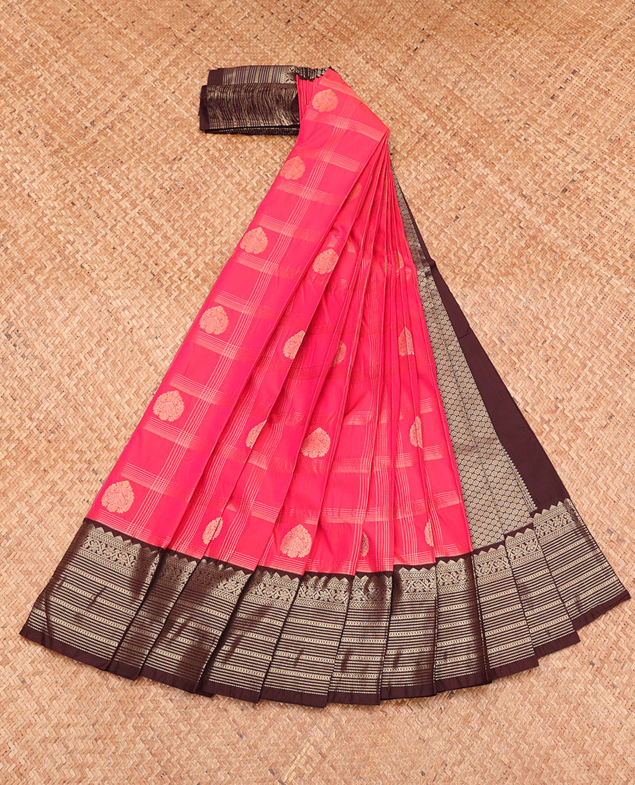 Pink Budget Silk Saree, Detailed with Zari Butta Enclosed Checks, Complemented by a Contrast Traditional Zari Border, Grand Pallu, and a Contrast Blouse