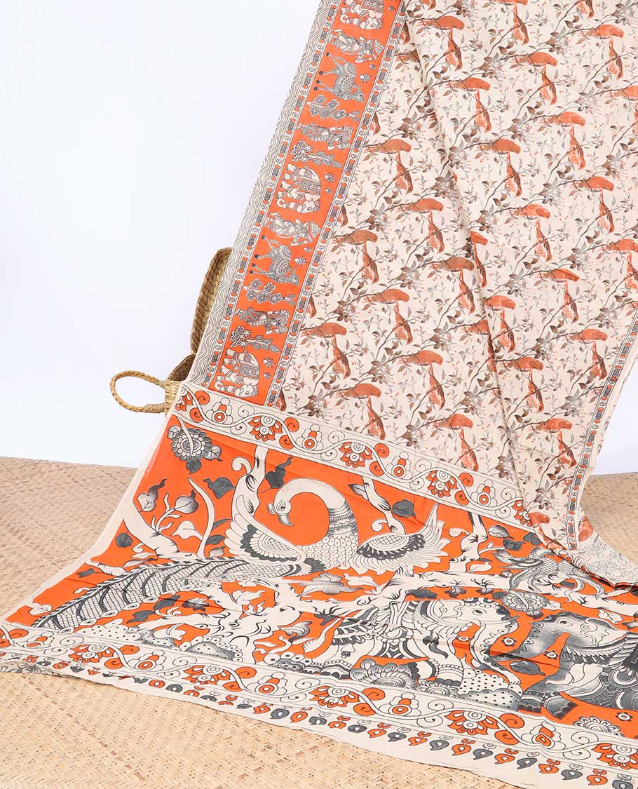 Cream bird motifs machine-printed kalamkari cotton saree, contrast unique motifs border & animal motifs pallu