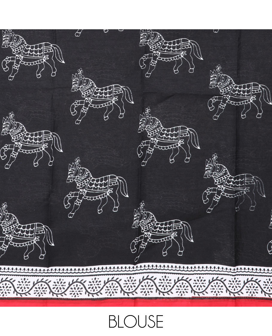 White horse motifs printed mul mul cotton saree, contrast floral creeper printed border & animal & geometric printed pallu