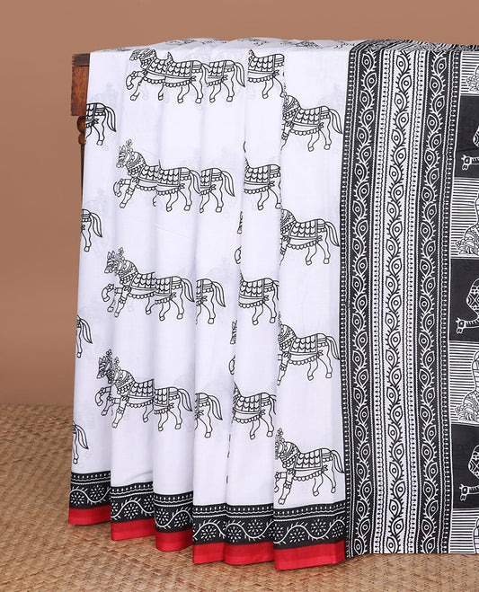 White horse motifs printed mul mul cotton saree, contrast floral creeper printed border & animal & geometric printed pallu