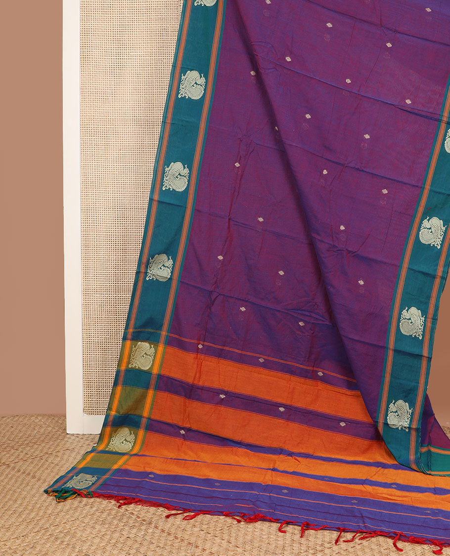 Purple dual-tone buttas Narayanpet cotton saree, contrast peacock design border & striped pallu