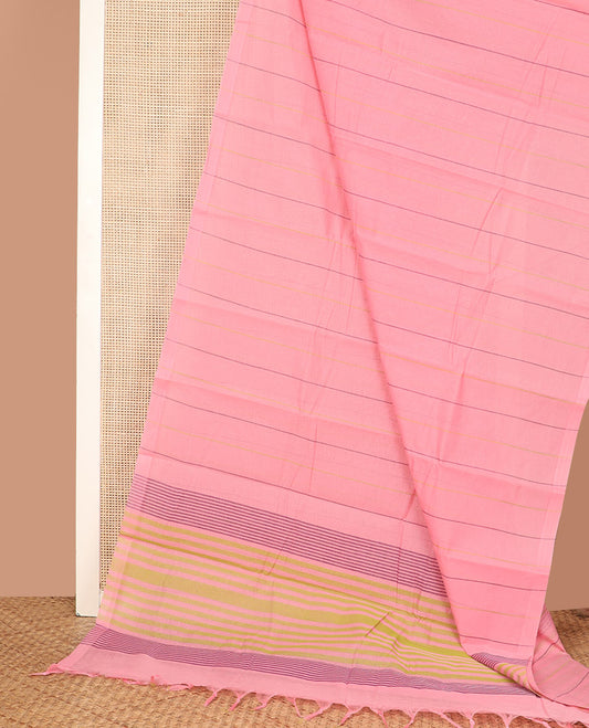 Borderless Pink Chirala Cotton Saree Featuring Subtly Striped on Its Body, Subtly Woven Pallu of Stripes, and Paired with a Contrast Blouse