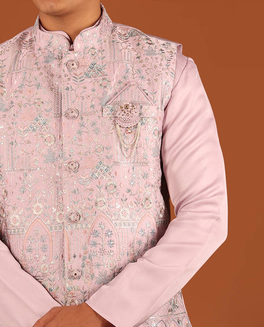 Pale Pink Plain Full-Sleeved Men's Kurta Comes with a Mughal-Style Mixed-Embroidered Half-Sleeve Jacket and Matching Pants