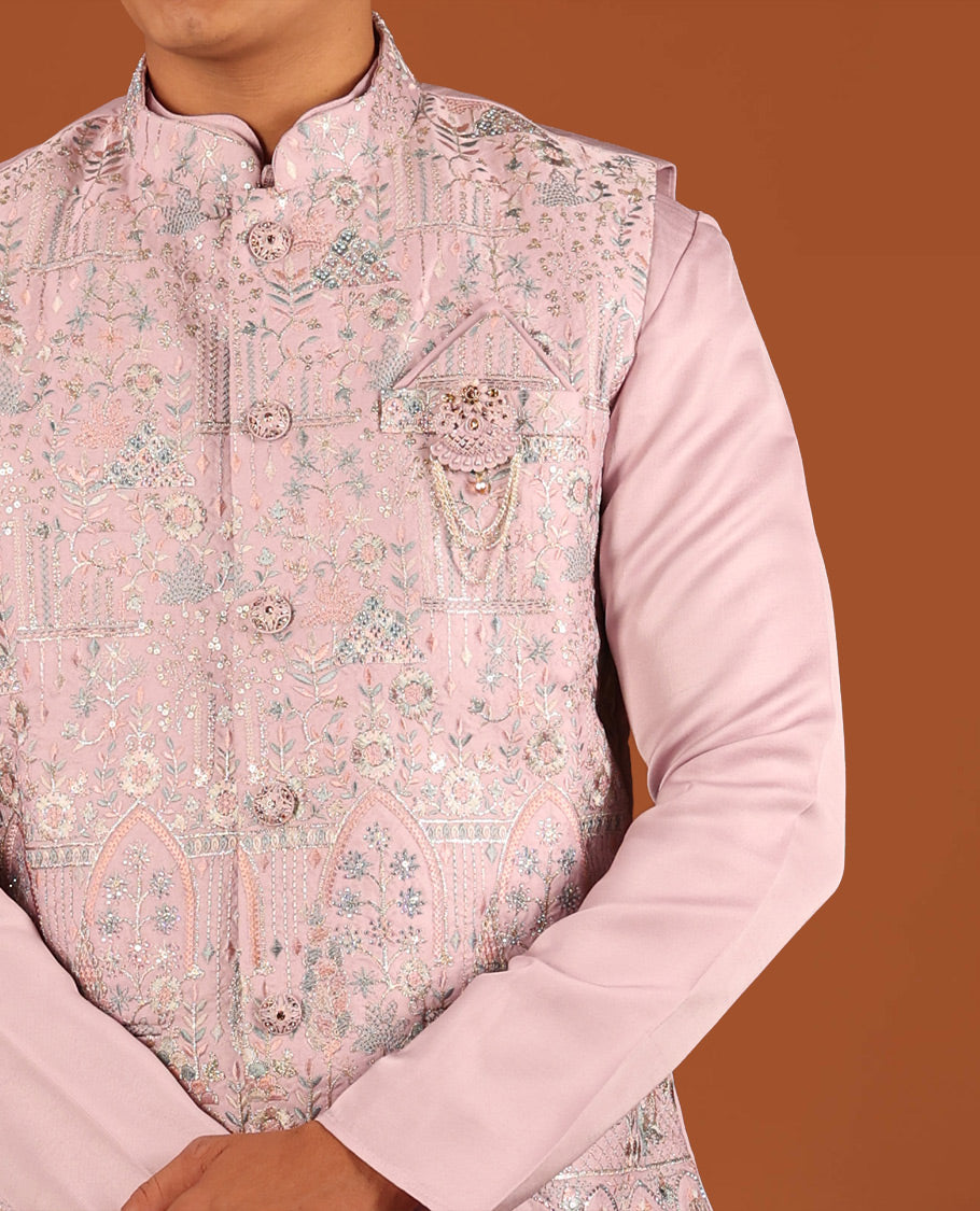 Pale Pink Plain Full-Sleeved Men's Kurta Comes with a Mughal-Style Mixed-Embroidered Half-Sleeve Jacket and Matching Pants