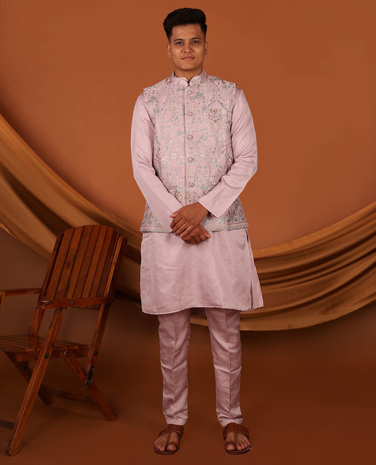 Pale Pink Plain Full-Sleeved Men's Kurta Comes with a Mughal-Style Mixed-Embroidered Half-Sleeve Jacket and Matching Pants