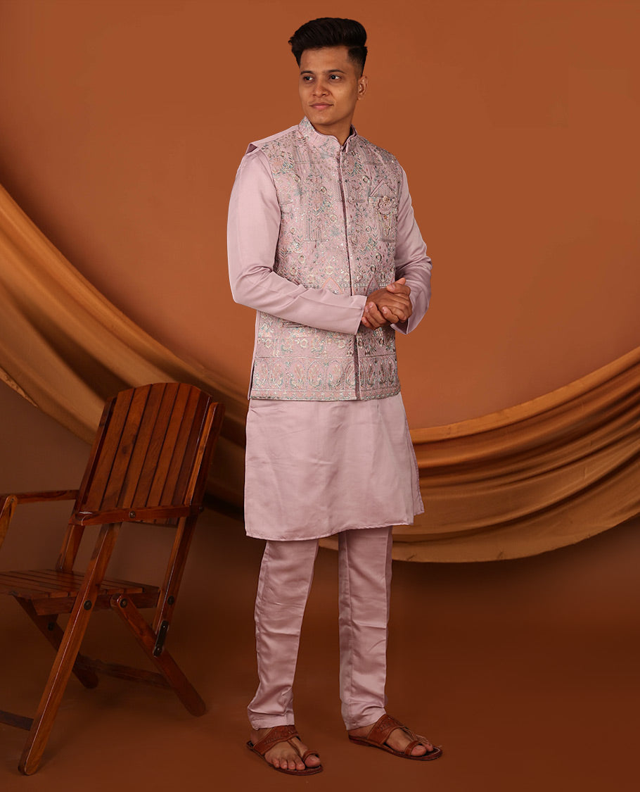 Pale Pink Plain Full-Sleeved Men's Kurta Comes with a Mughal-Style Mixed-Embroidered Half-Sleeve Jacket and Matching Pants