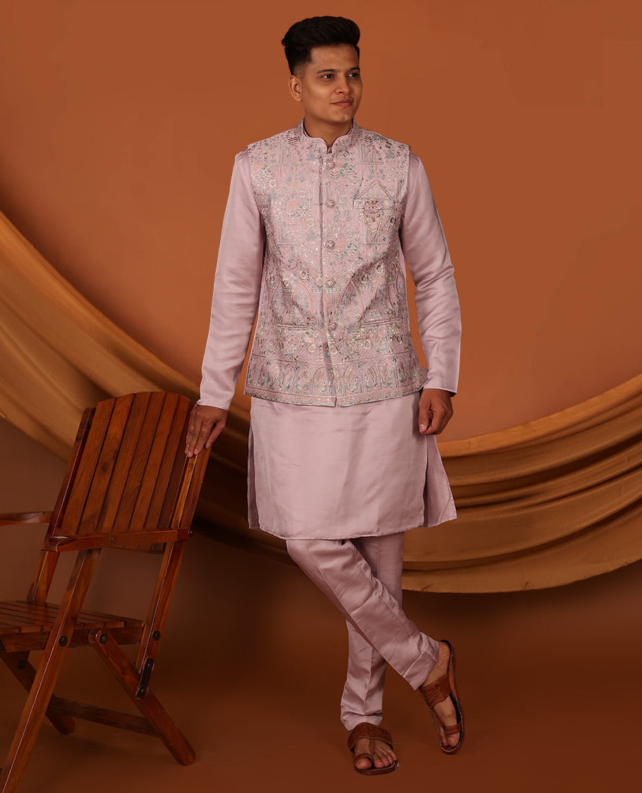 Pale Pink Plain Full-Sleeved Men's Kurta Comes with a Mughal-Style Mixed-Embroidered Half-Sleeve Jacket and Matching Pants