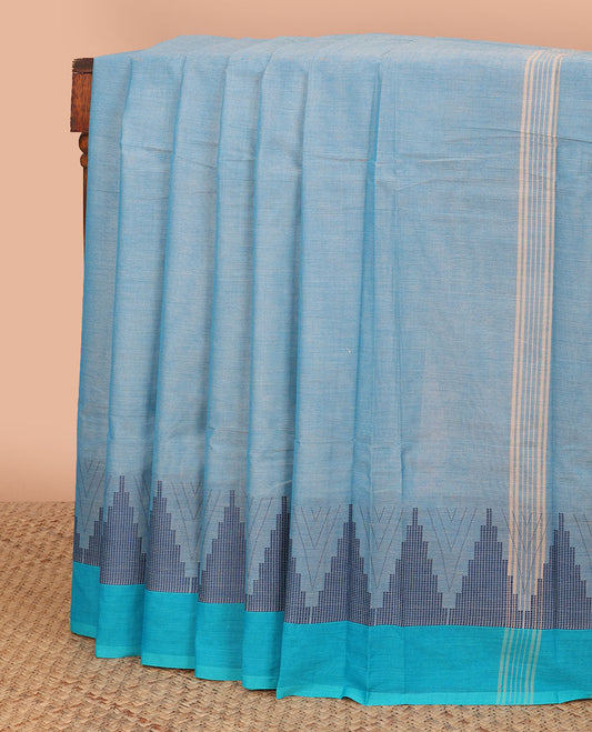 Blue chettinad cotton saree with contrast temple border & striped pallu