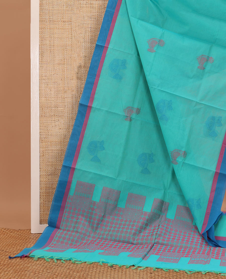 Green sparrow buttas Coimbatore cotton saree, contrast border & geometric patterned pallu