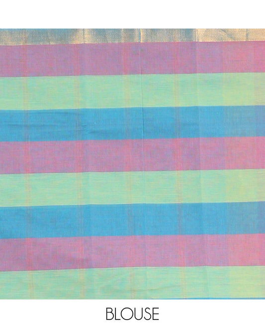 Multi-color checked chirala cotton saree, zari border & zari striped pallu