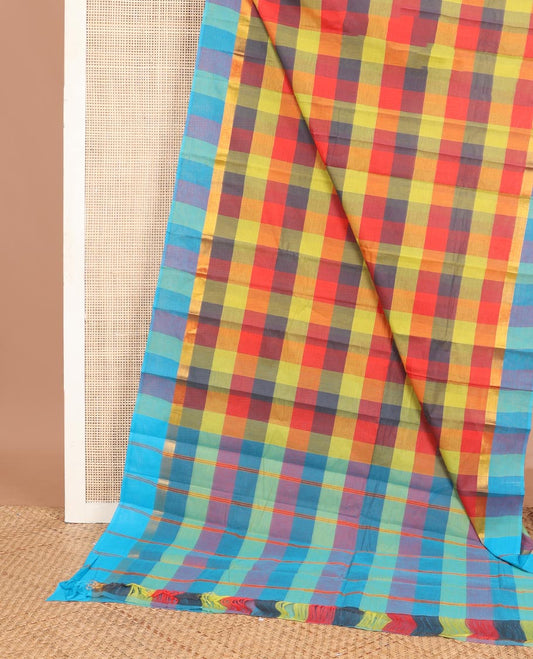 Multi-color checked chirala cotton saree, zari border & zari striped pallu