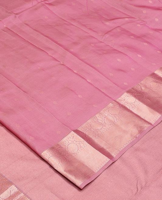 Pink zari buttas Vasundhara silk mix, zari border of thilakam mokku, kodi visiry, and jaal design, and jaal pallu