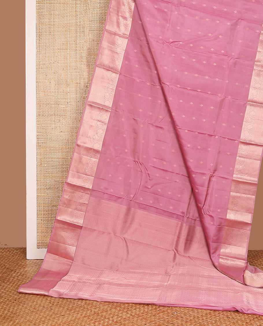 Pink zari buttas Vasundhara silk mix, zari border of thilakam mokku, kodi visiry, and jaal design, and jaal pallu