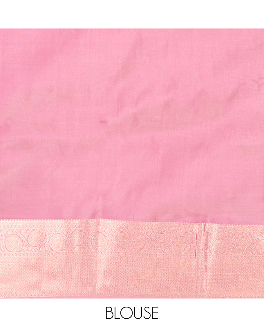 Pink zari buttas Vasundhara silk mix, zari border of thilakam mokku, kodi visiry, and jaal design, and jaal pallu