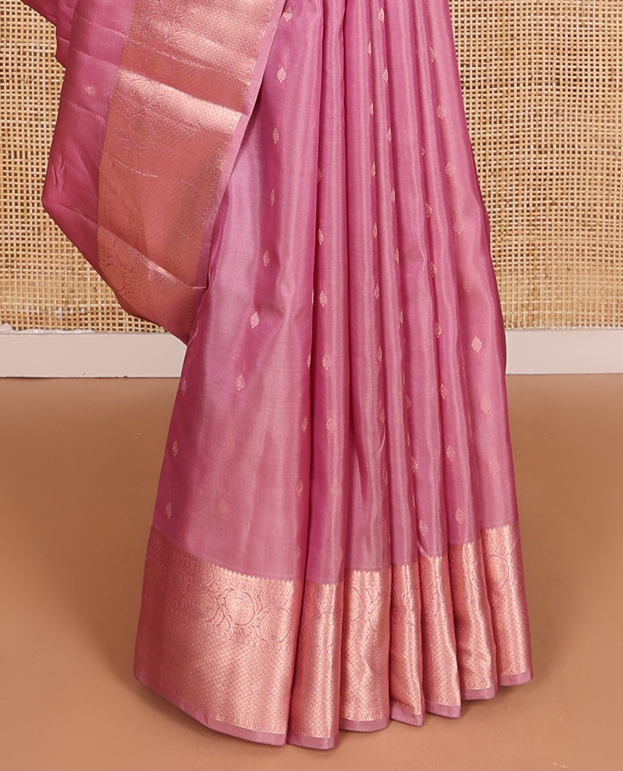 Pink zari buttas Vasundhara silk mix, zari border of thilakam mokku, kodi visiry, and jaal design, and jaal pallu